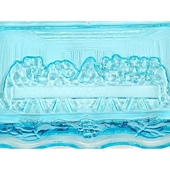 The Last Supper Aqua Blue Indiana Glass Mini Dish Tray 5 1/2" x 3 1/2" 70s Vtg - Picture 2 of 14